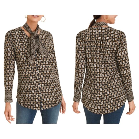 Chico's Multicolor Geometric Chain-Link Print Blouse Button-Up Long Sleeve - Picture 2 of 13